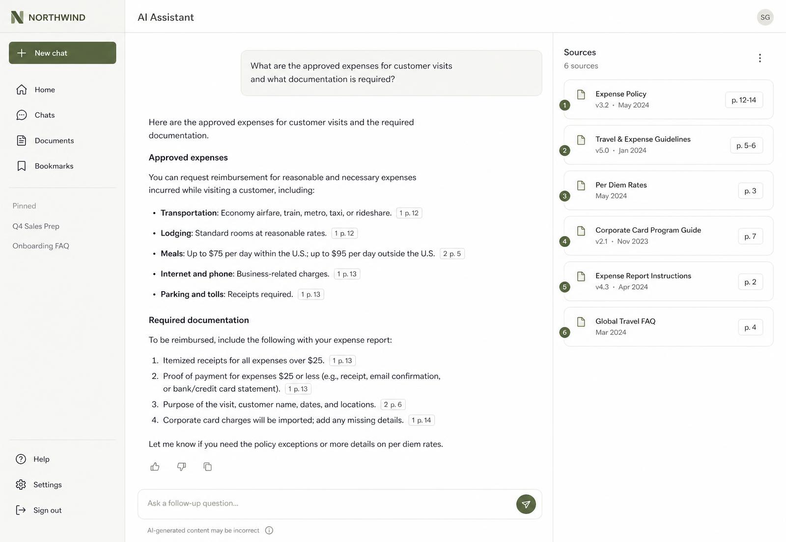 Conversational AI interface with cited document sources alongside the answer