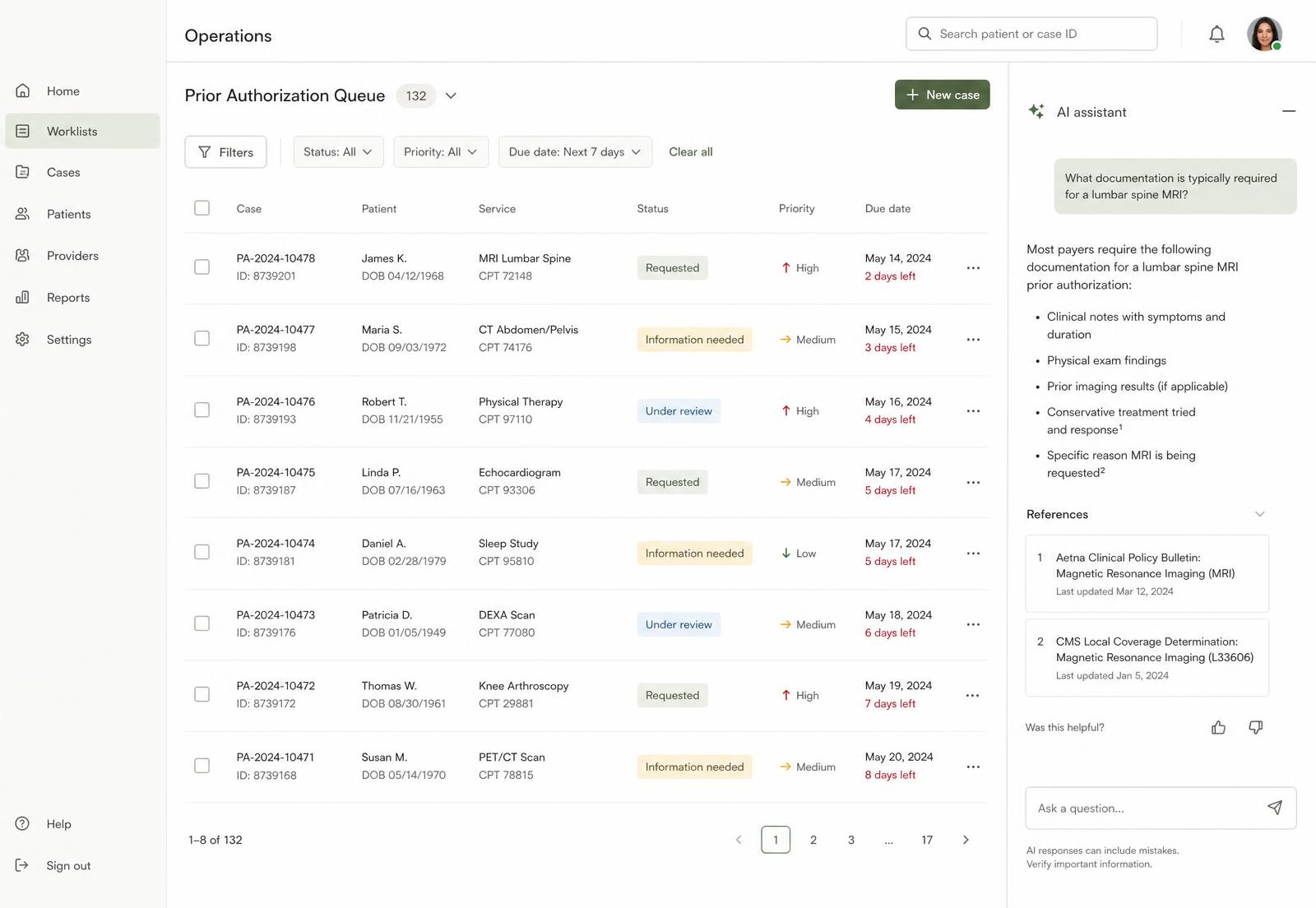 Healthcare operations dashboard showing task workflows and an AI assistant panel