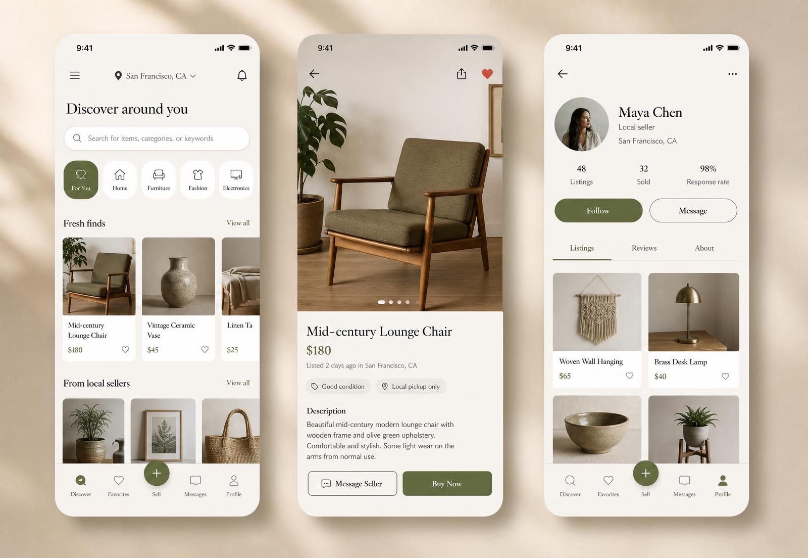 Set of mobile marketplace app screens showing discovery and listing detail